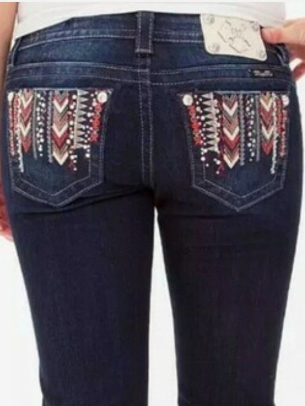 Miss Me Rhinestone Embroidered Bling Mid Rise Easy Skinny Stretch Jeans Size 36